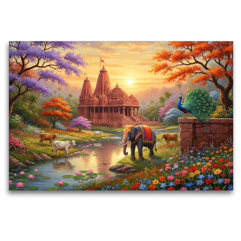 Indische Tempellandschaft mit Elefant und Kühen