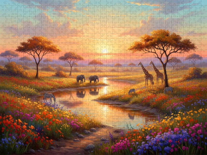 Afrikanischer Sonnenuntergang mit Elefanten und Giraffen