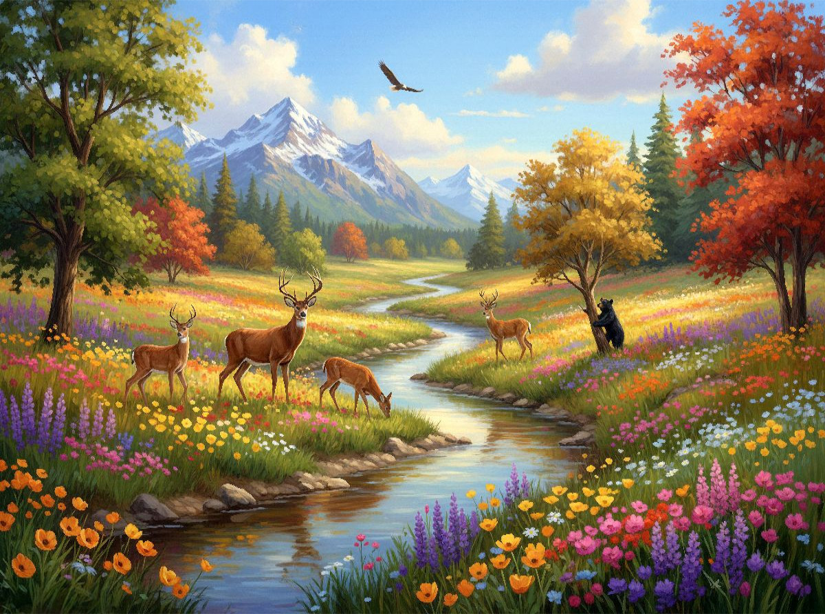 Kanadische Horizonte mit Hirschen und Bär