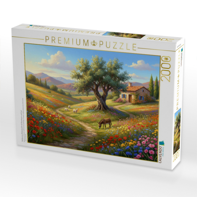 Mediterrane Blütenpracht mit Olivenbaum und Esel
