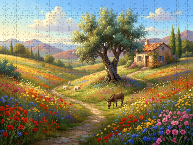 Mediterrane Blütenpracht mit Olivenbaum und Esel