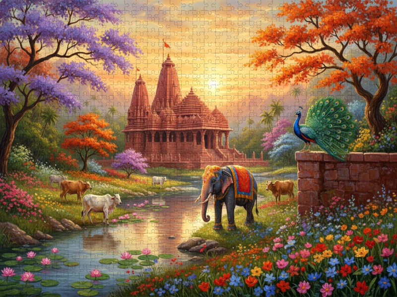 Indische Tempellandschaft mit Elefant und Kühen