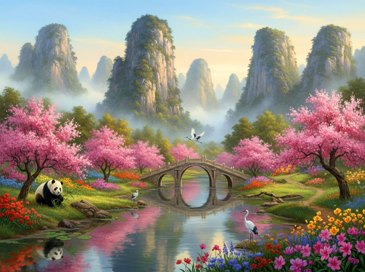 Chinesische Nebelberge mit Panda und Kranichen