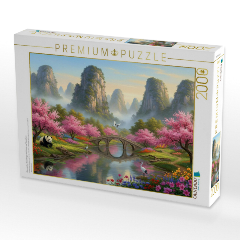 Chinesische Nebelberge mit Panda und Kranichen