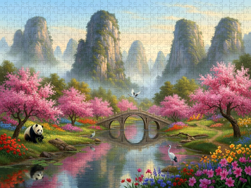 Chinesische Nebelberge mit Panda und Kranichen