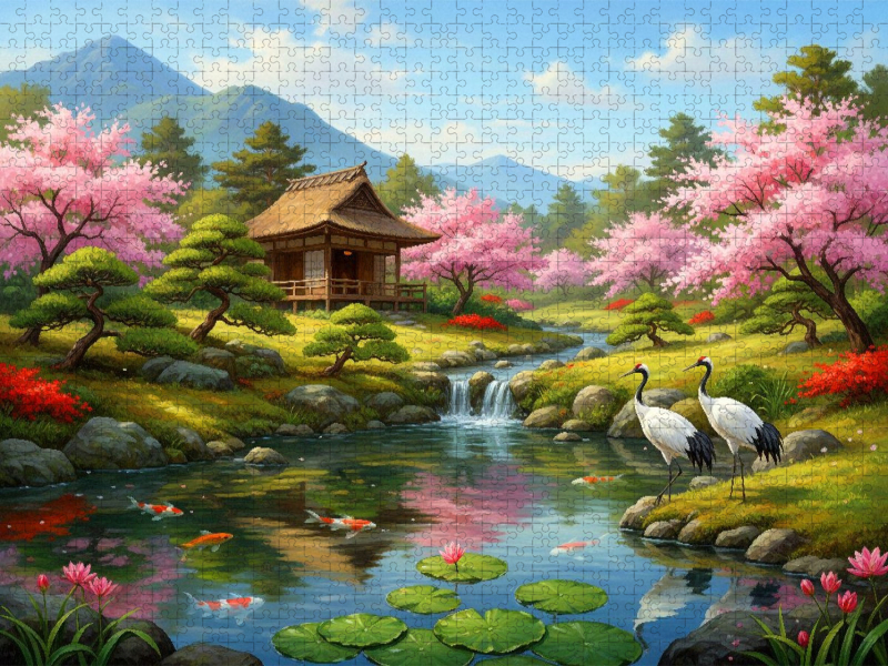 Japanische Stille mit Kranichen und Kirschbäumen