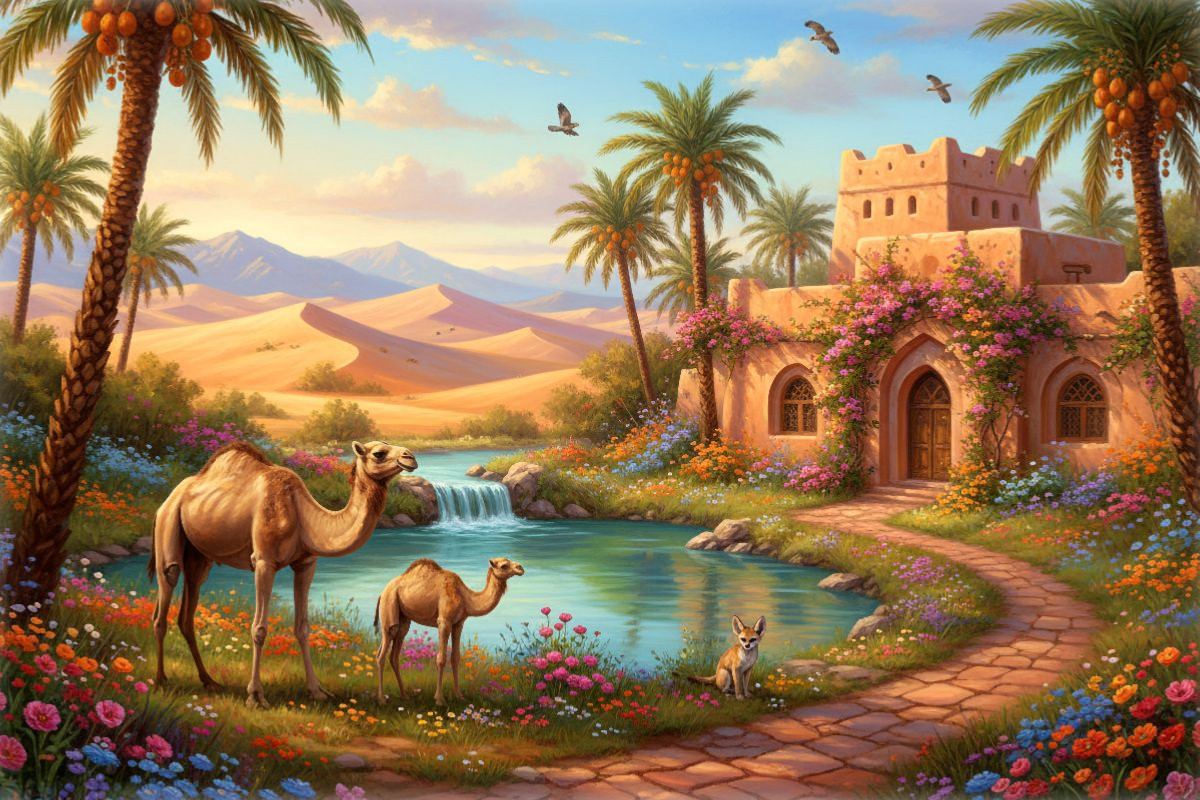 Arabische Landschaft mit Wüste und Dromedaren