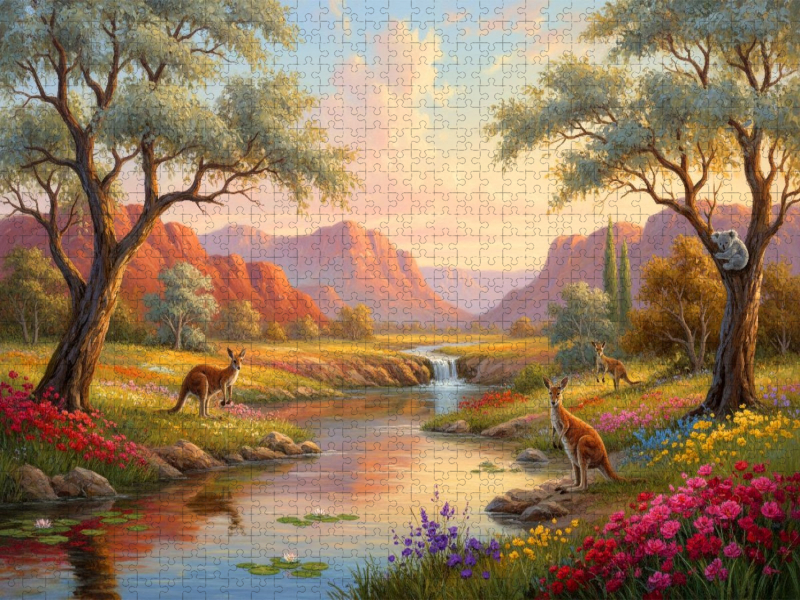 Australische Wasserstelle - Landschaft mit Känguru und Koala