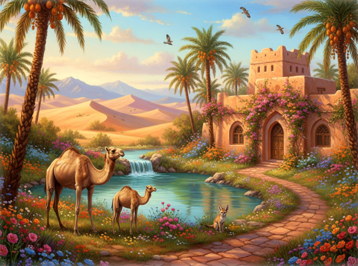 Arabische Landschaft mit Wüste und Dromedaren