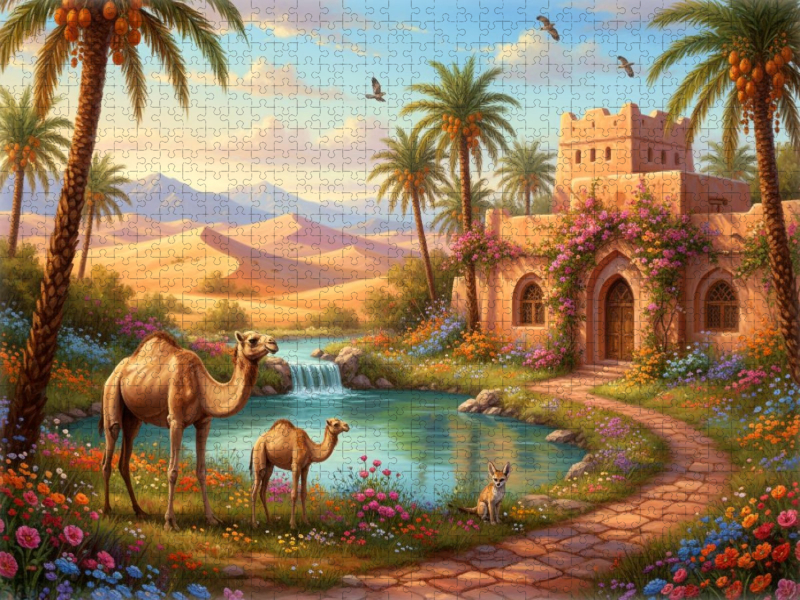 Arabische Landschaft mit Wüste und Dromedaren