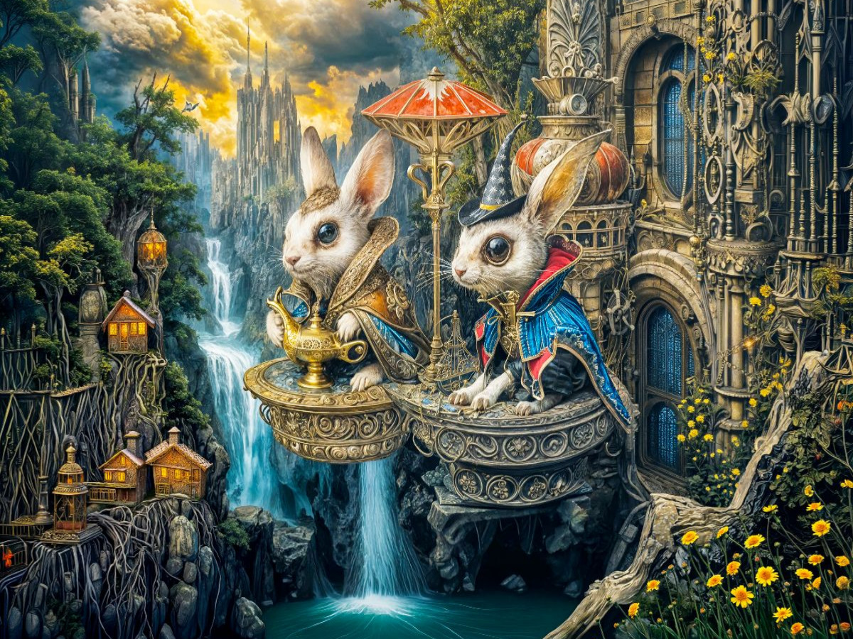Zwei Hasen auf Steampunk‑Podest mit Zauberhut