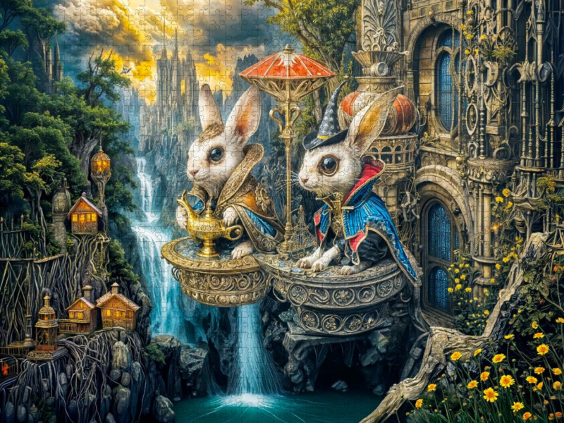 Zwei Hasen auf Steampunk‑Podest mit Zauberhut
