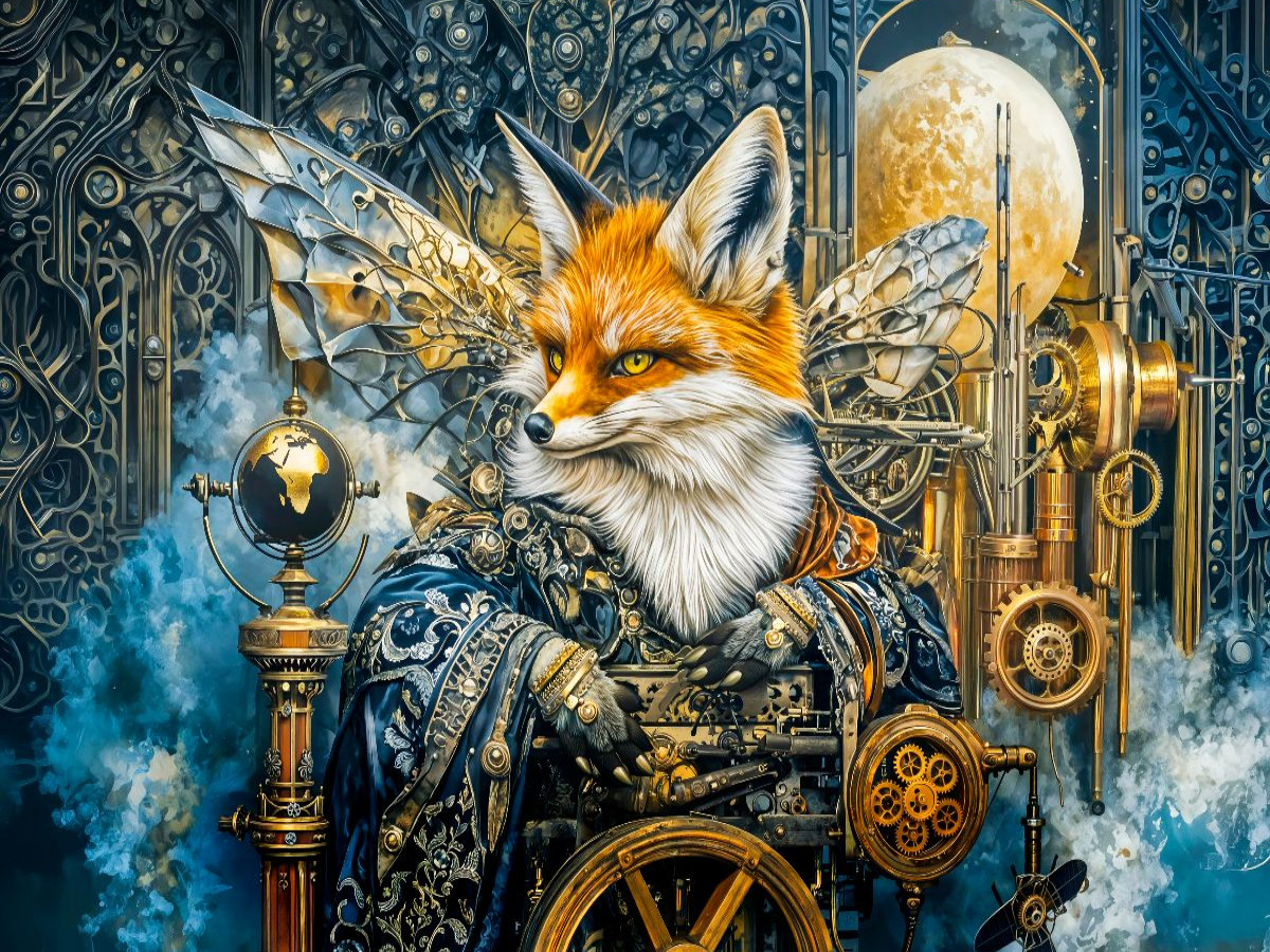 Steampunk Fuchs an mystischer Nebelmaschine im Fantasyreich