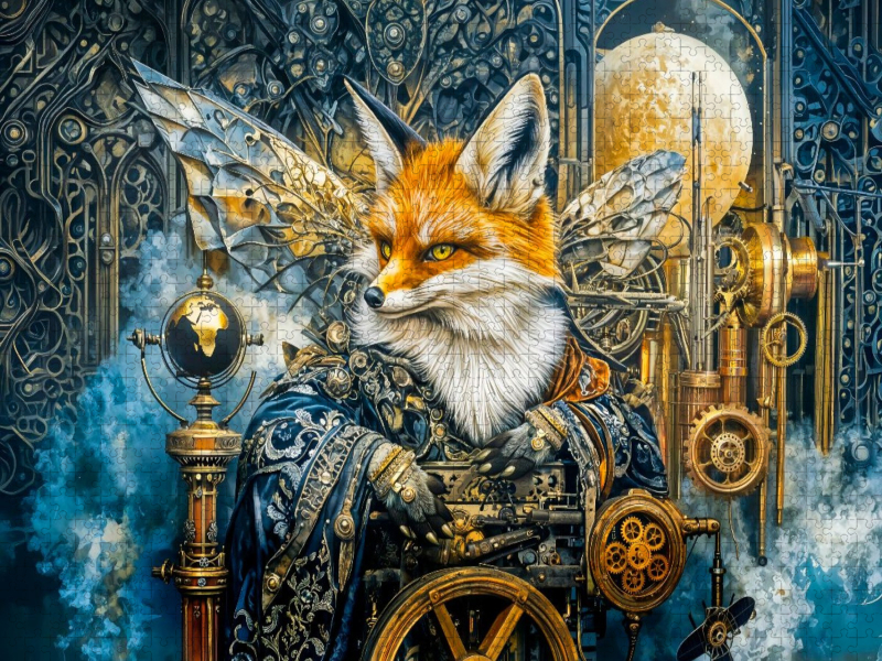 Steampunk Fuchs an mystischer Nebelmaschine im Fantasyreich