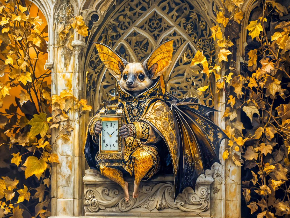 Steampunk Fledermaus mit Uhr vor goldenem Gotikfenster