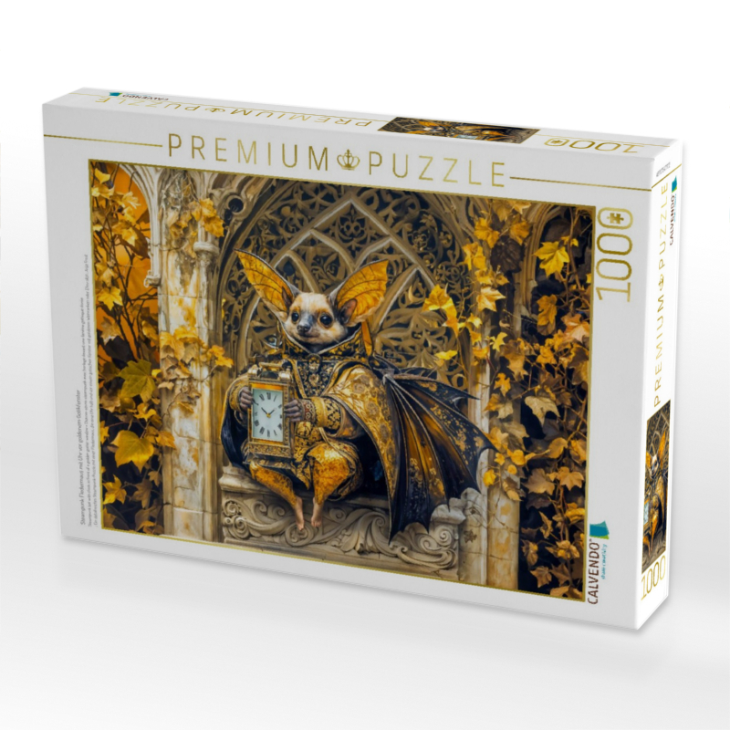 Steampunk Fledermaus mit Uhr vor goldenem Gotikfenster