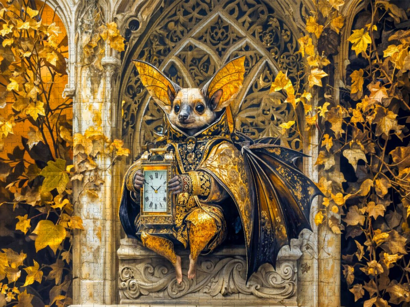 Steampunk Fledermaus mit Uhr vor goldenem Gotikfenster