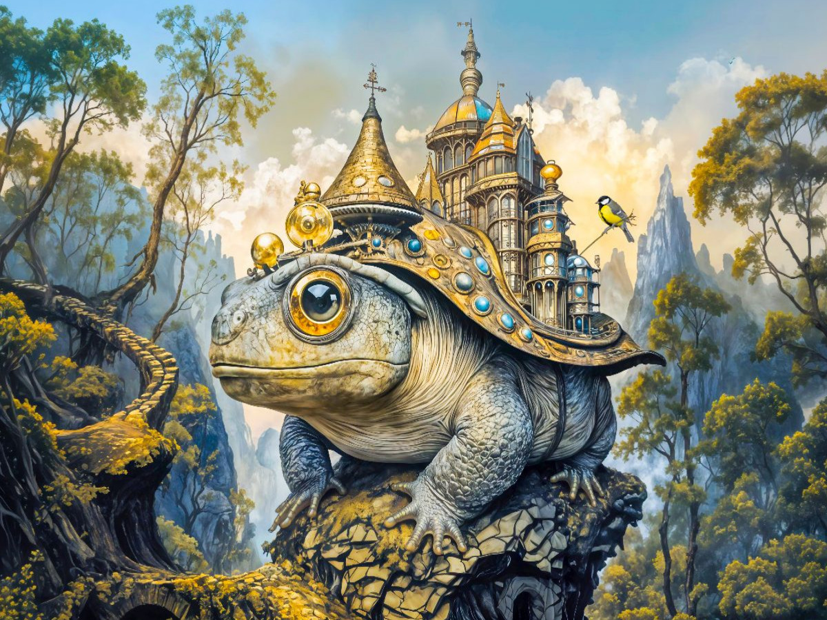 Steampunk Erdkröte mit Schloss in mystischer Berglandschaft