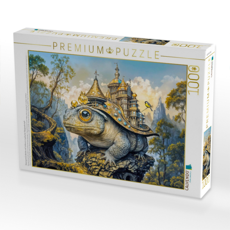 Steampunk Erdkröte mit Schloss in mystischer Berglandschaft