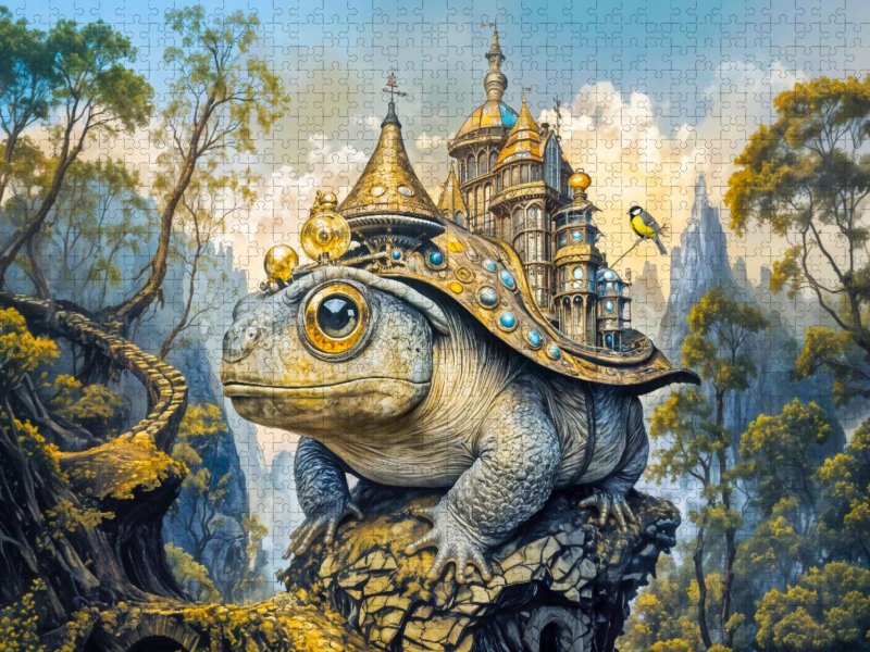 Steampunk Erdkröte mit Schloss in mystischer Berglandschaft
