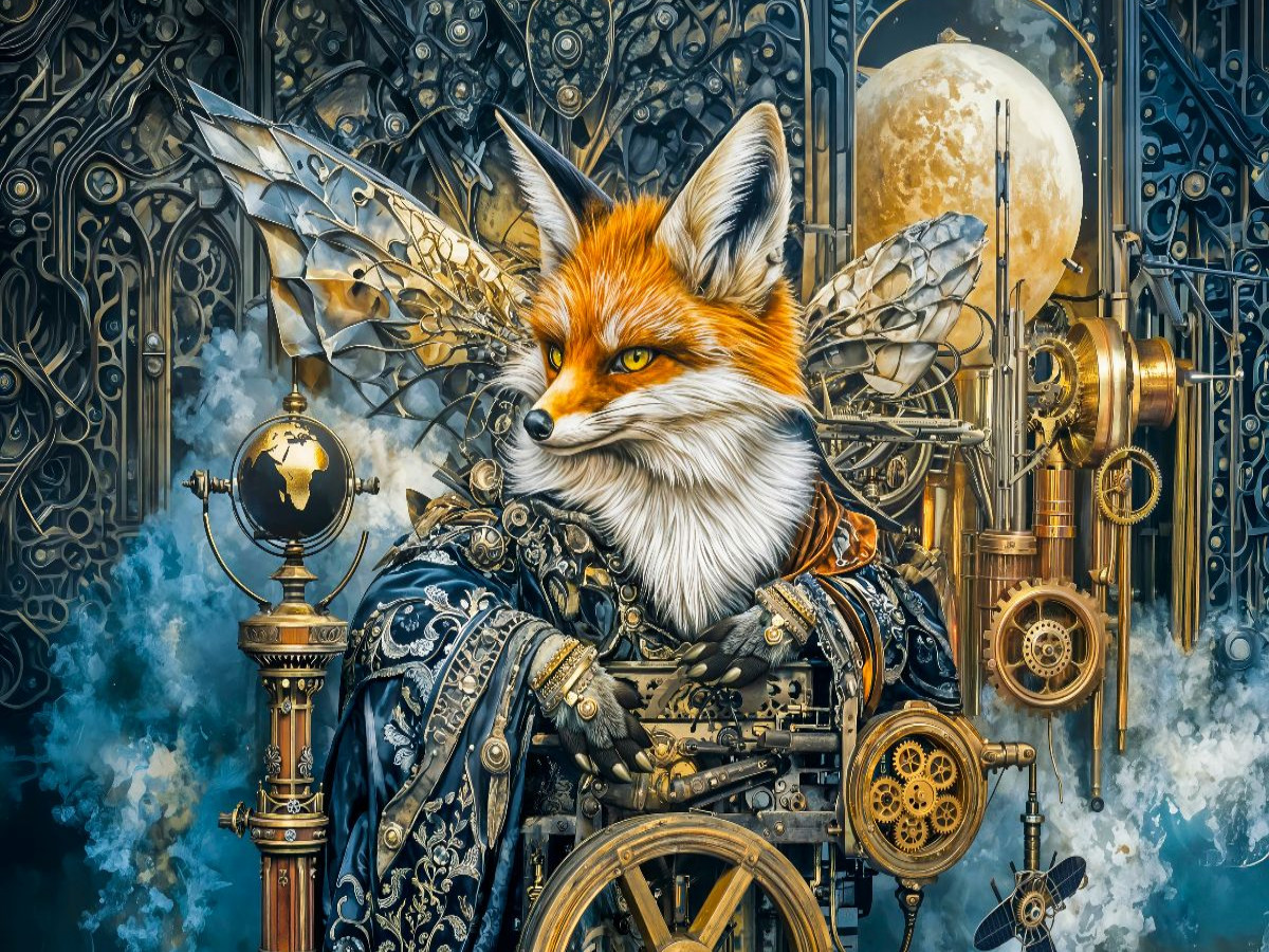 Steampunk Fuchs steuert leuchtende Nebelmaschine im Fantasyreich