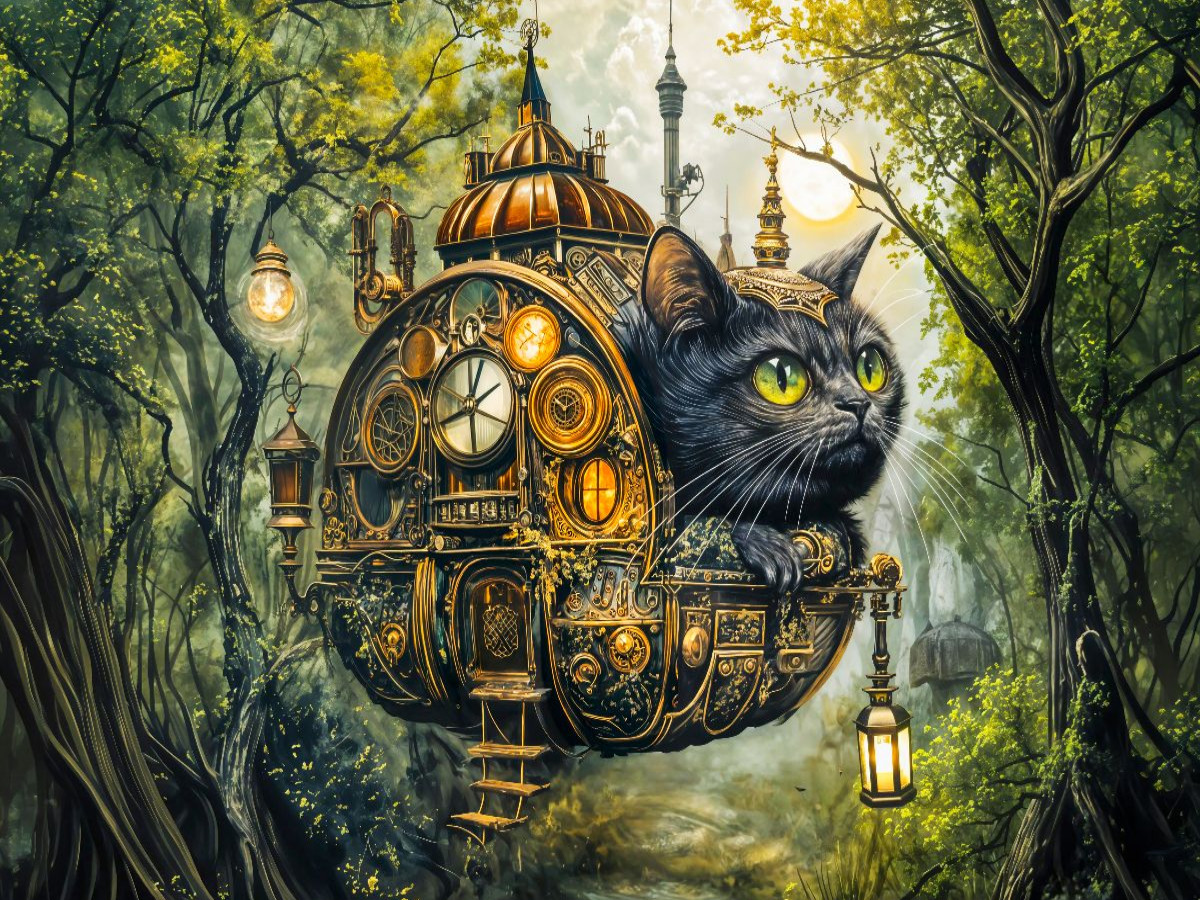 Schwarze Katze im schwebenden Steampunk‑Haus Fantasy