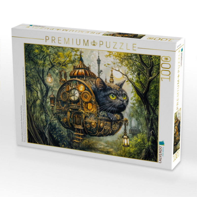 Schwarze Katze im schwebenden Steampunk‑Haus Fantasy