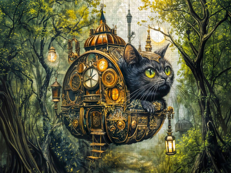 Schwarze Katze im schwebenden Steampunk‑Haus Fantasy