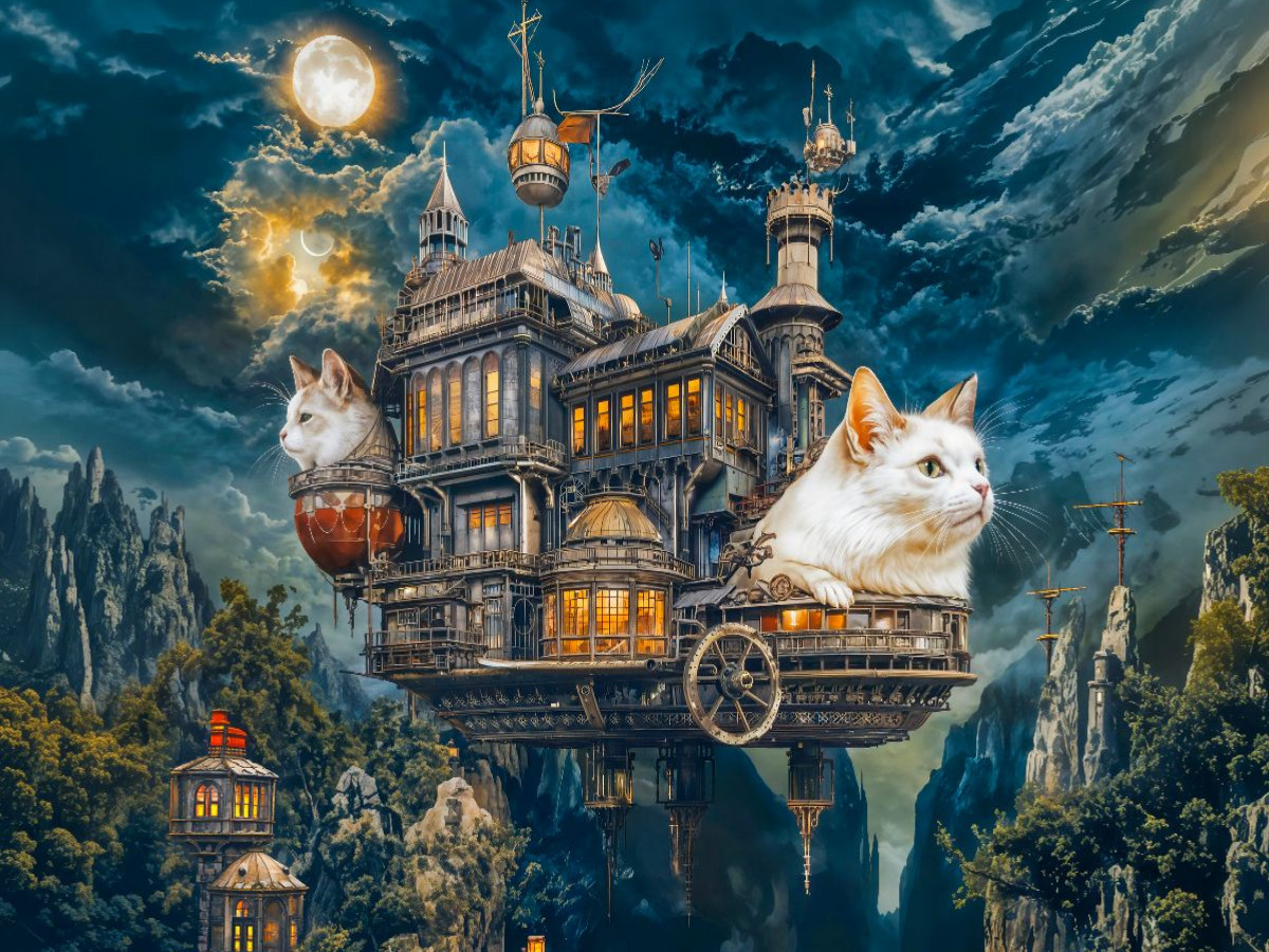 Zwei Katzen auf fliegender Steampunk‑Villa über Bergschlucht