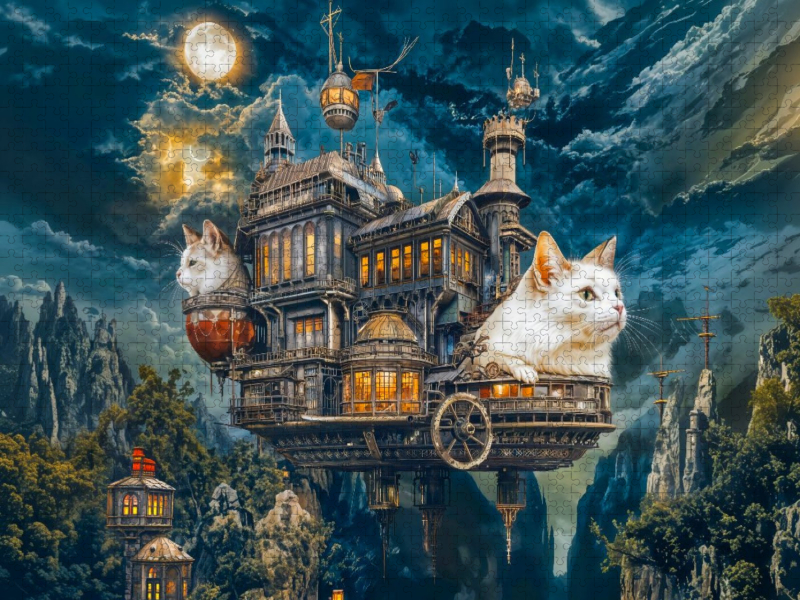Zwei Katzen auf fliegender Steampunk‑Villa über Bergschlucht