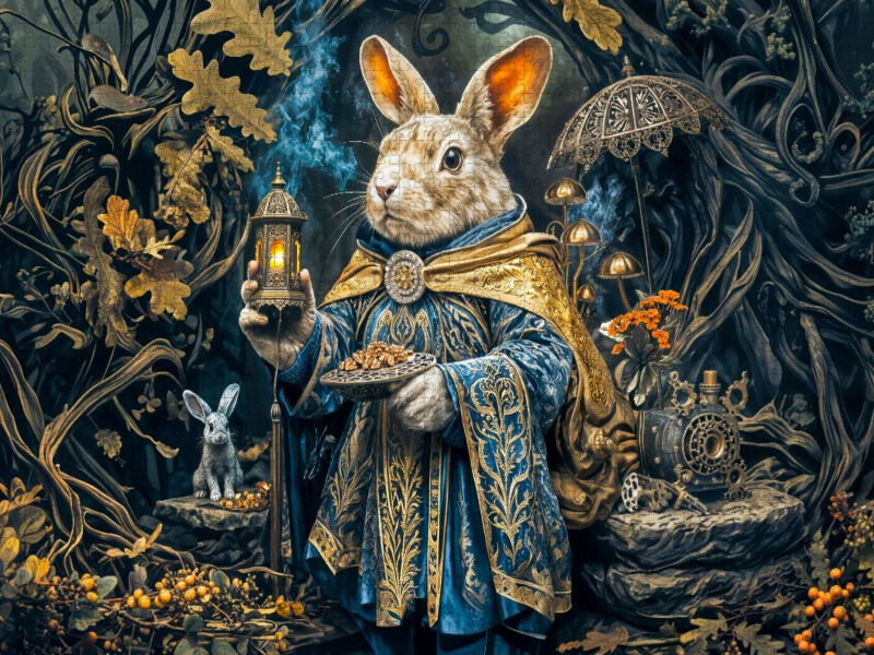 Steampunk Hase im Wurzelhaus mit Laterne Fantasy