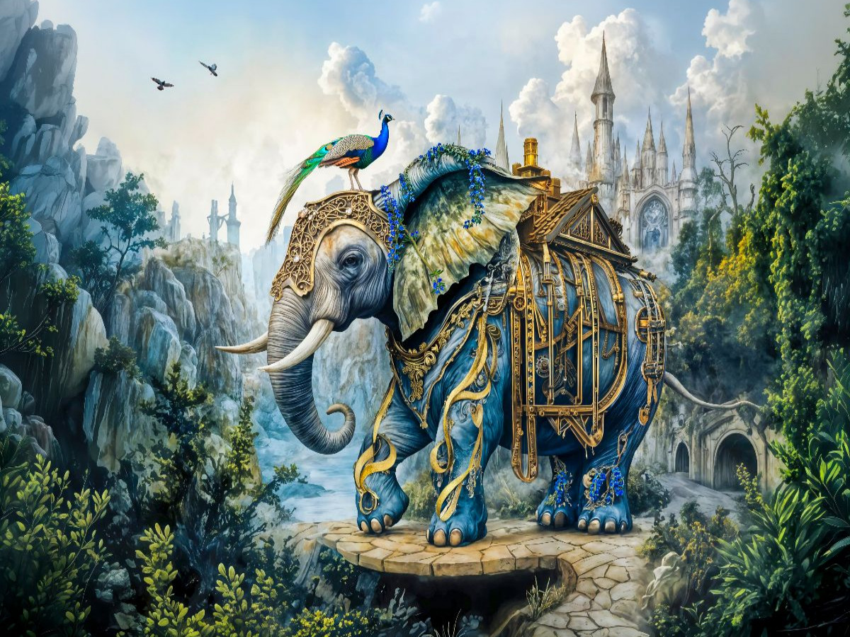 Steampunk Elefant mit Pfau vor Schlossweg Fantasy