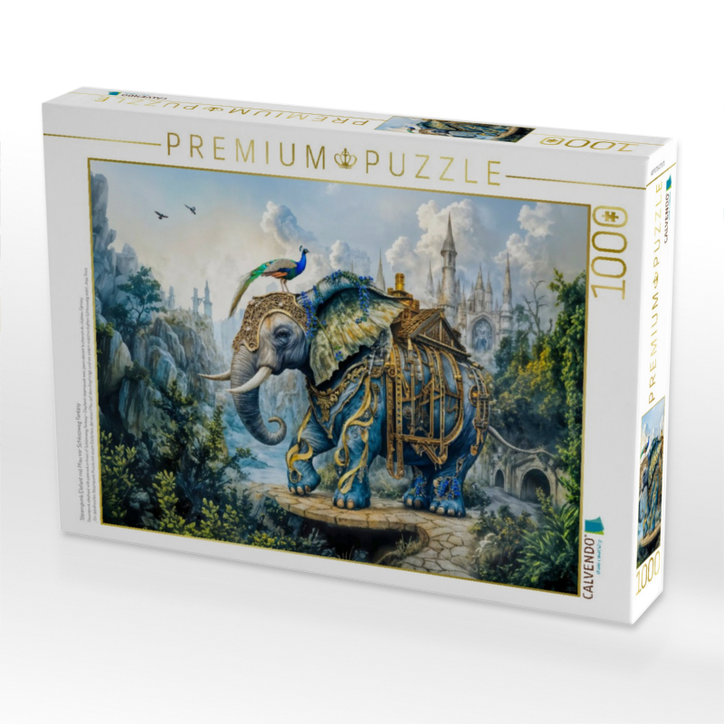 Steampunk Elefant mit Pfau vor Schlossweg Fantasy