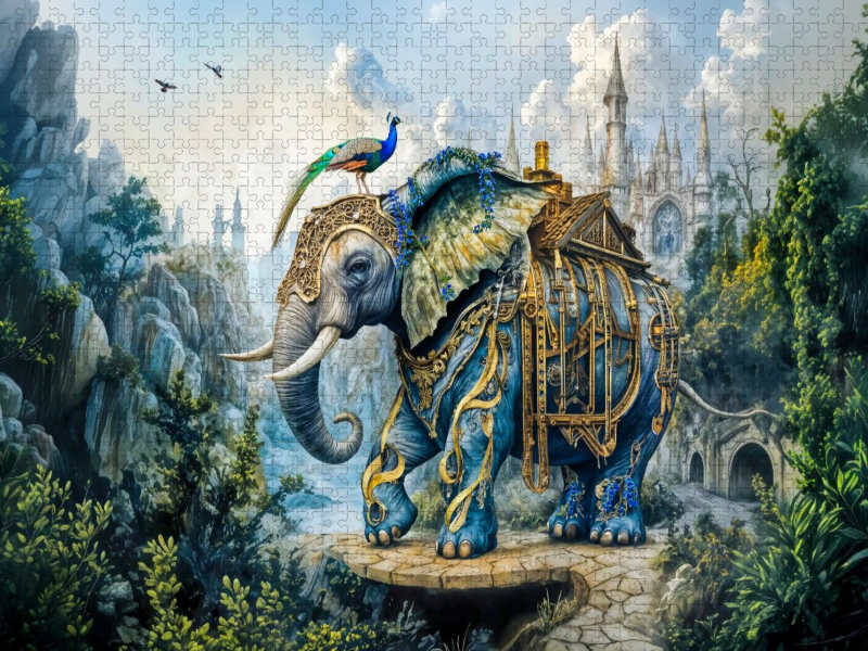 Steampunk Elefant mit Pfau vor Schlossweg Fantasy