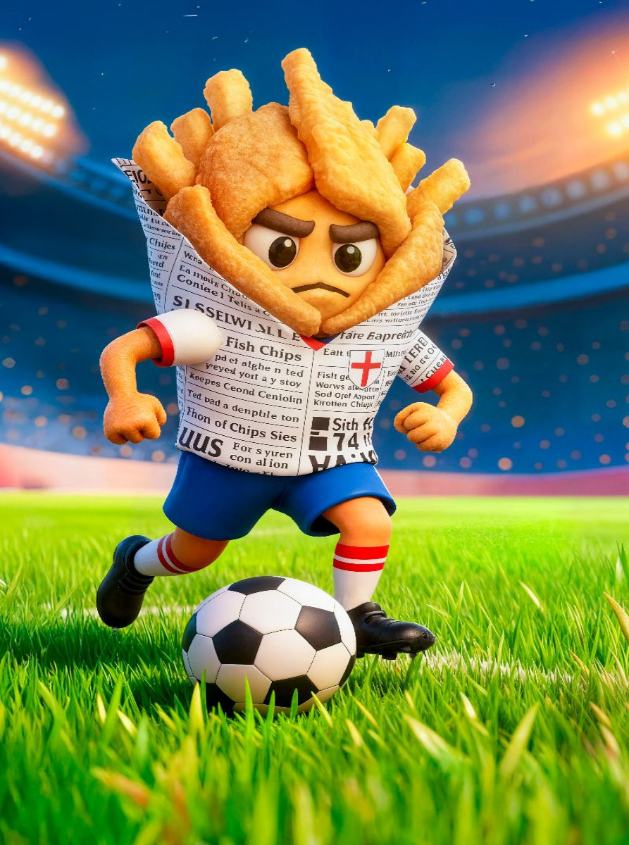 England Fish and Chips Fußballer in farbenfroher Stadionszene
