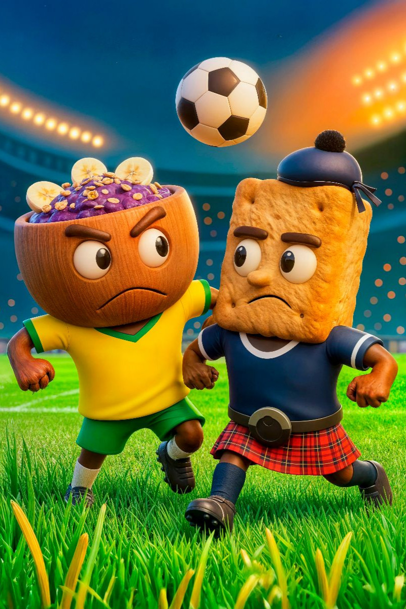 Brasilien Açaí‑Bowl gegen Schottland Shortbread Fußballmotiv