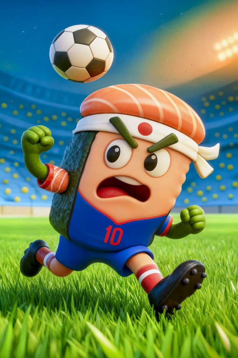 Japanisches Sushi auf humorvoller Fußball Torjagd im Stadion