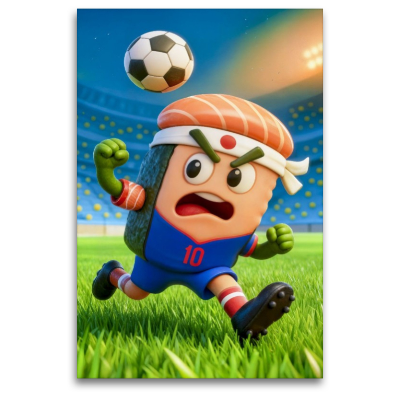 Japanisches Sushi auf humorvoller Fußball Torjagd im Stadion