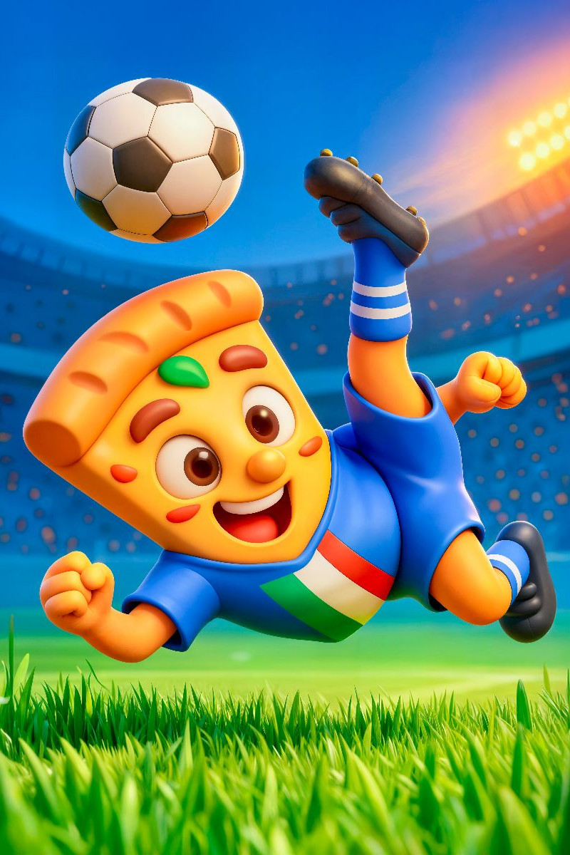Italienische Pizza beim humorvollen Fußball Fallrückzieher im Stadion