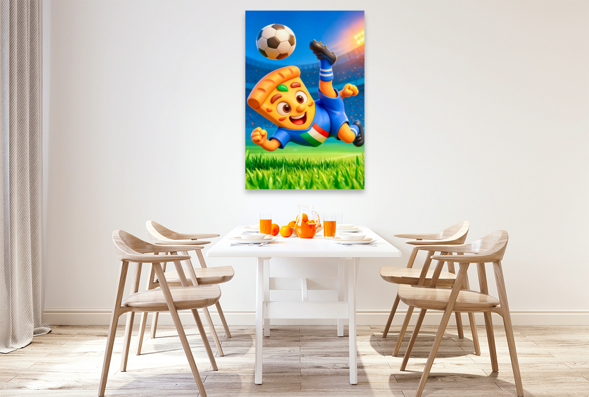 Italienische Pizza beim humorvollen Fußball Fallrückzieher im Stadion