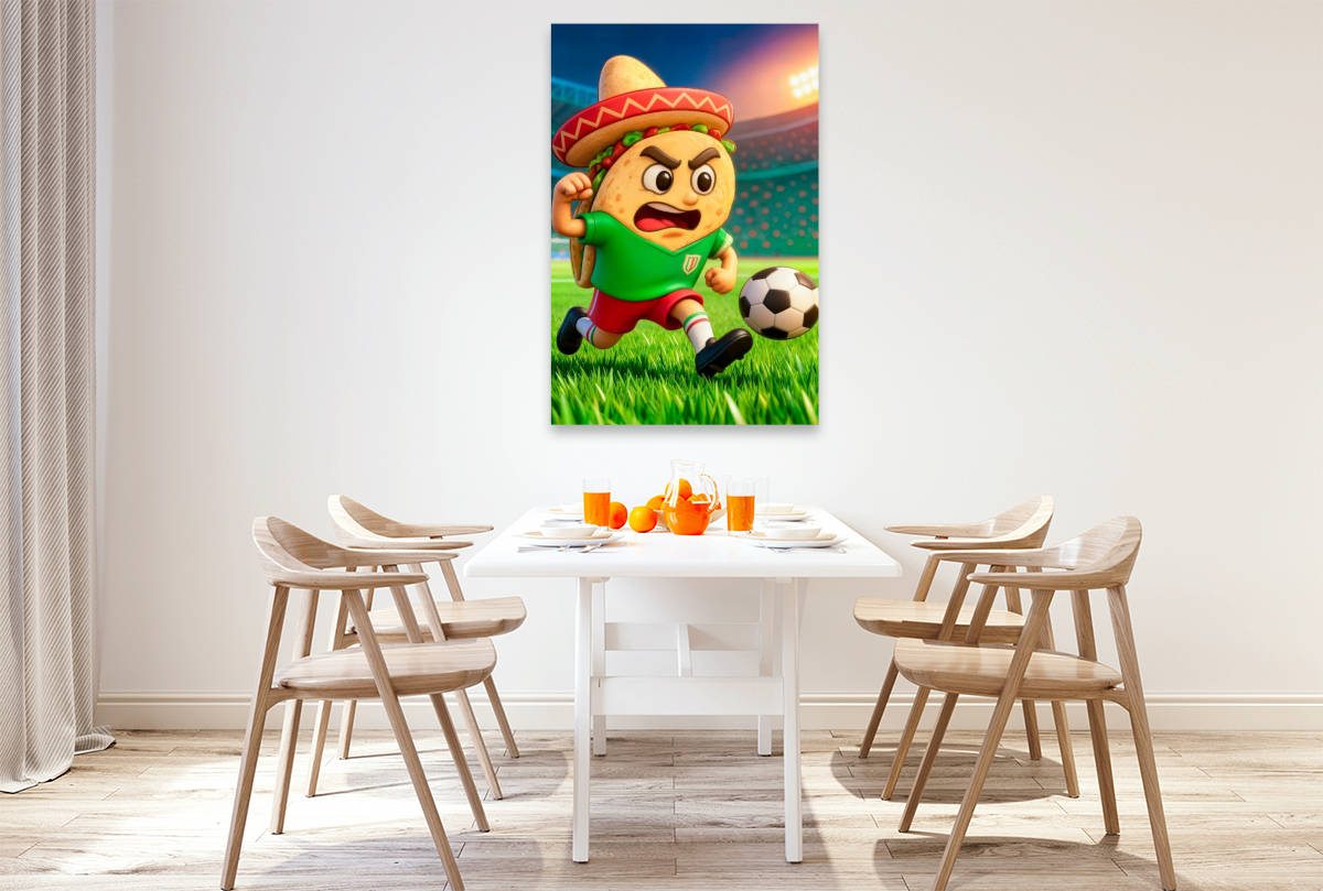 Mexikanischer Taco auf humorvoller Fußball Torjagd im Stadion