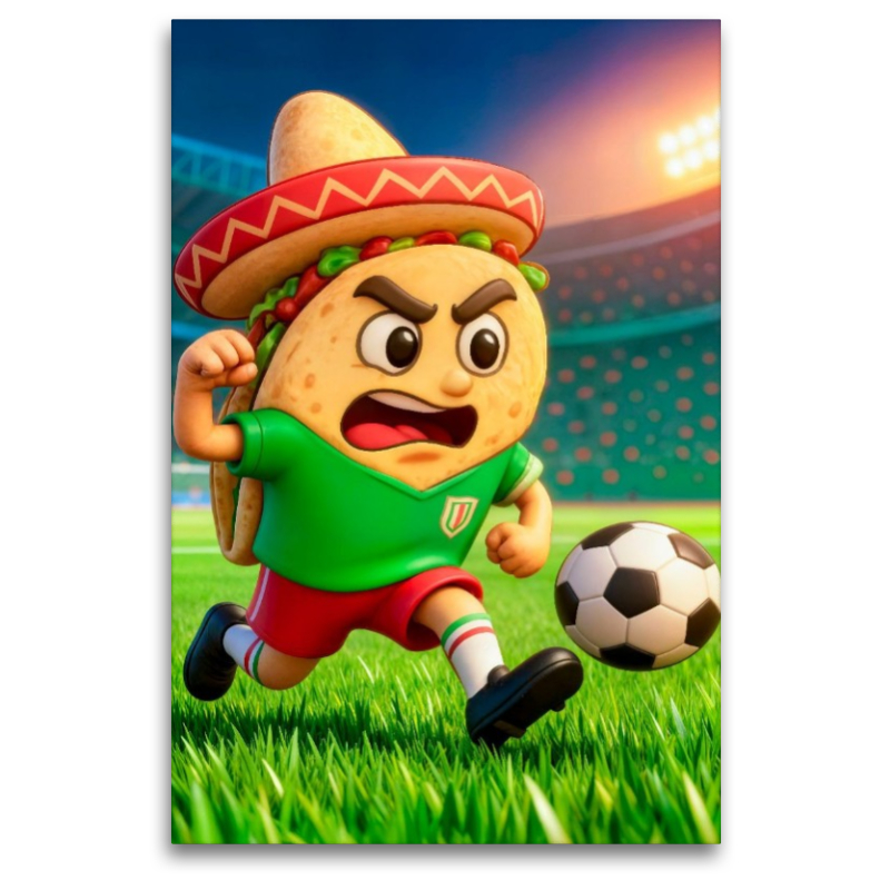 Mexikanischer Taco auf humorvoller Fußball Torjagd im Stadion
