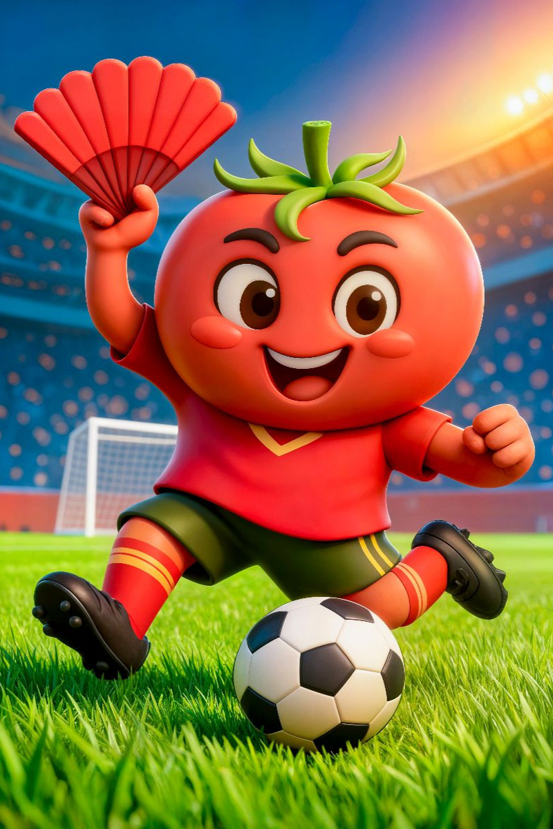 Spanische Tomate zeigt humorvolle Fußballpower in lebendiger Stadionszene