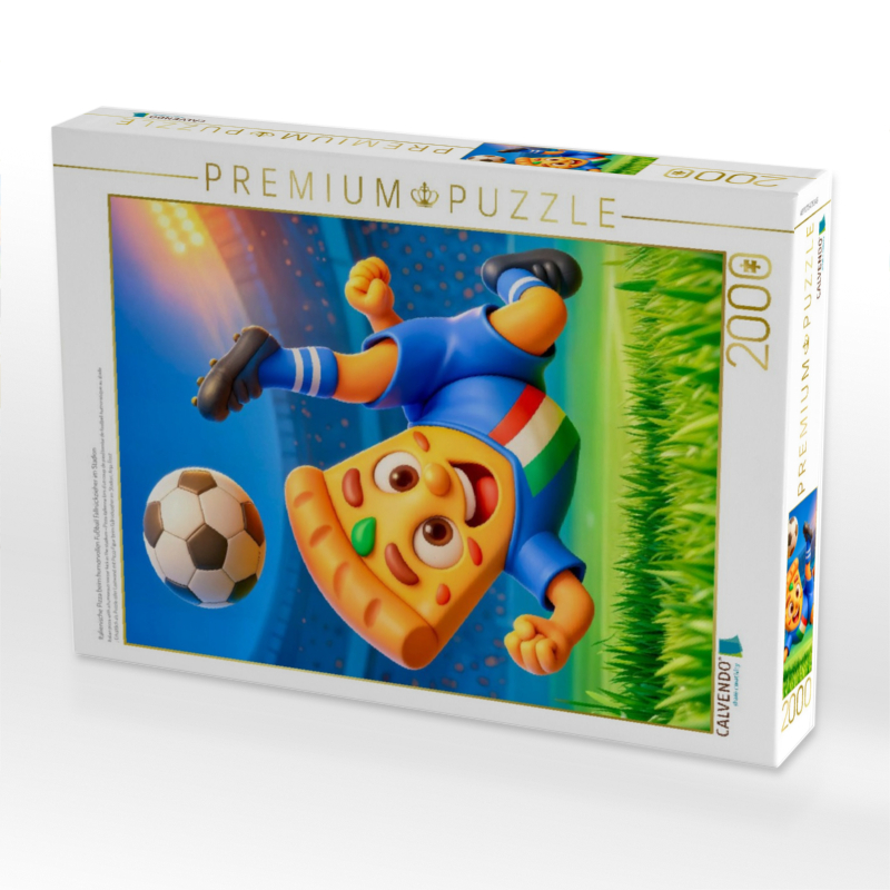 Italienische Pizza beim humorvollen Fußball Fallrückzieher im Stadion