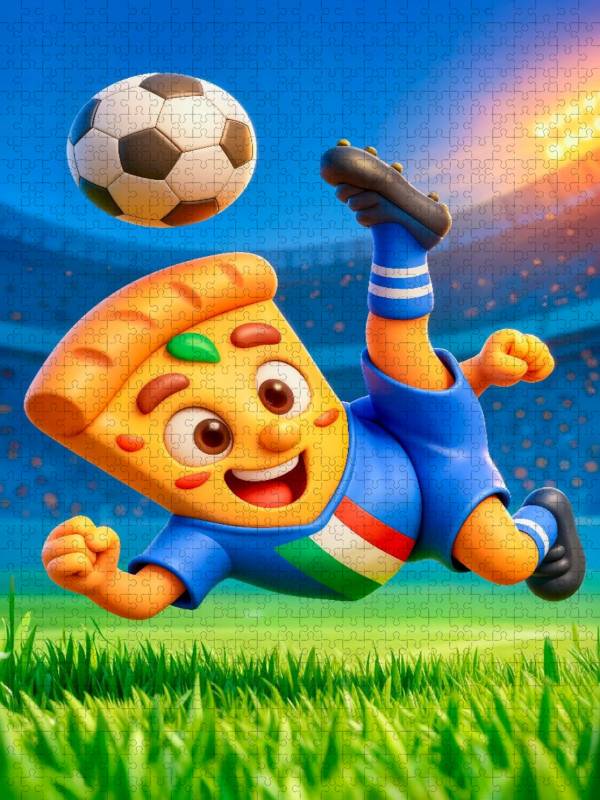 Italienische Pizza beim humorvollen Fußball Fallrückzieher im Stadion