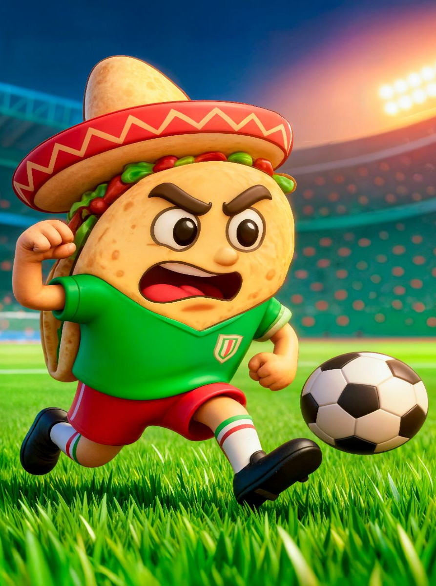 Mexikanischer Taco auf humorvoller Fußball Torjagd im Stadion