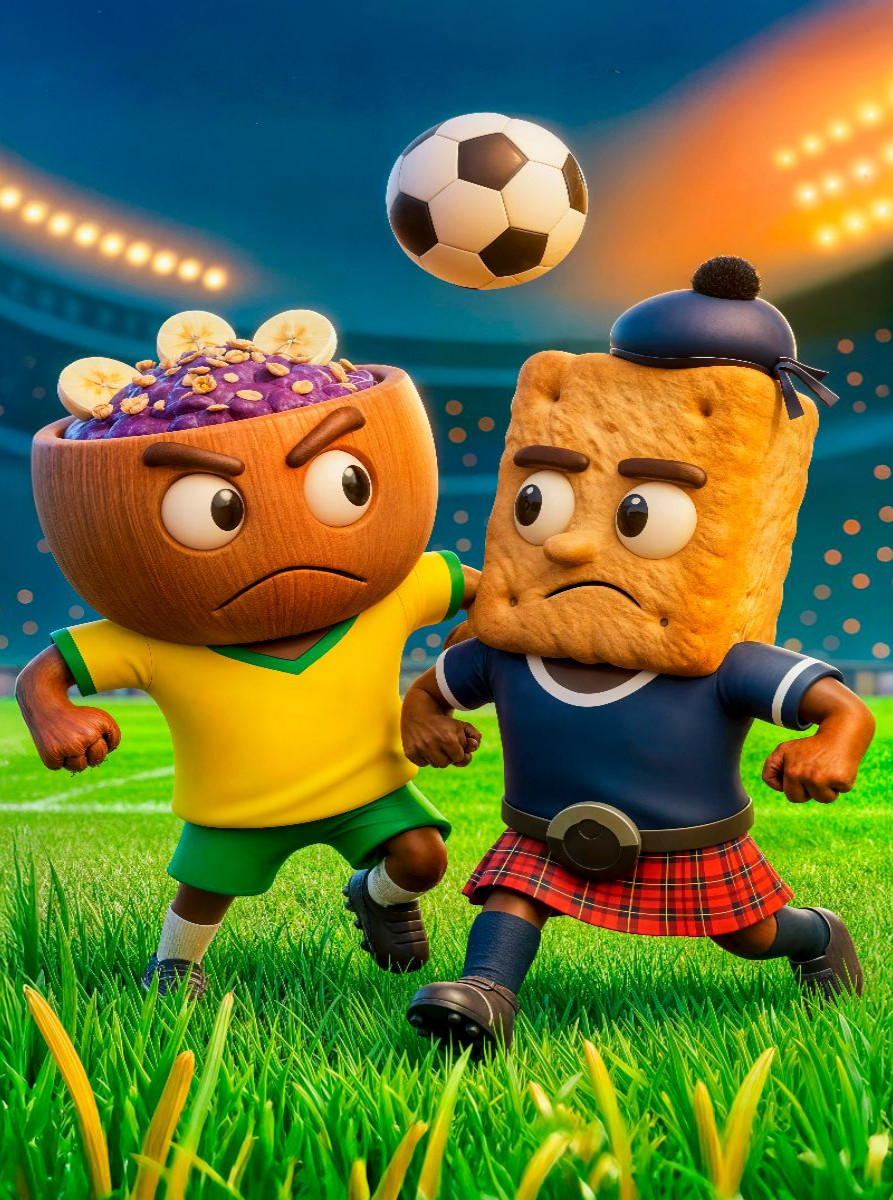 Brasilien Açaí‑Bowl gegen Schottland Shortbread Fußballmotiv