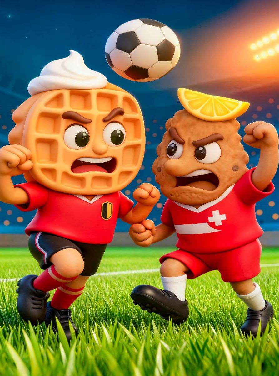 Belgische Waffel und österreichisches Schnitzel im humorvollen Fußball Duell im Stadion