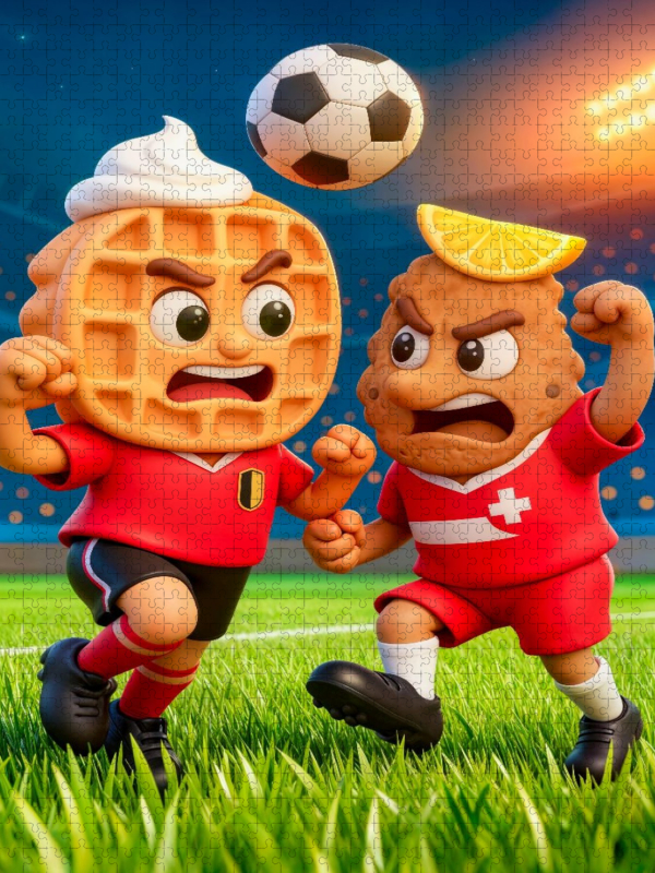 Belgische Waffel und österreichisches Schnitzel im humorvollen Fußball Duell im Stadion
