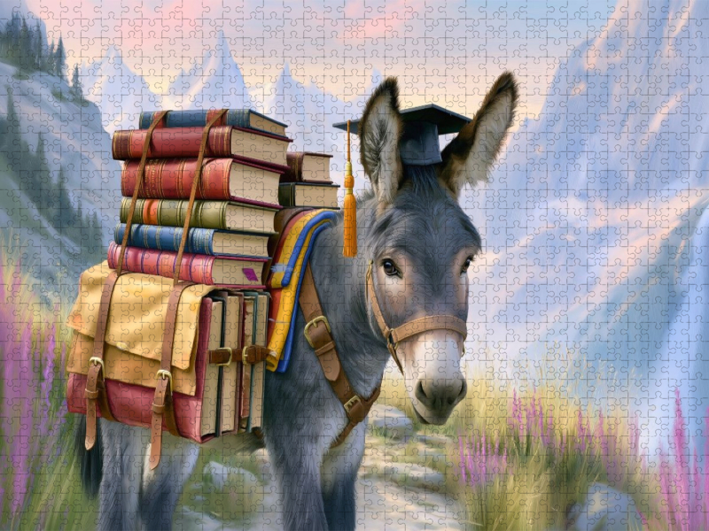 Esel mit Büchern bepackt
